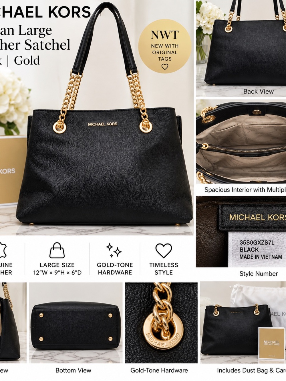 Michael Kors Teagan Large Leather Satchel Black Gold NWT 35S0GXZS7L